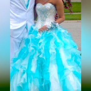 Beautiful dress, white and aqua blue